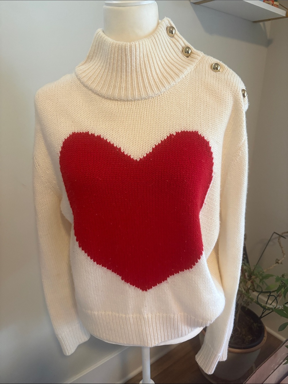 kate spade Cream Turtleneck Sweater with Red Heart Motif